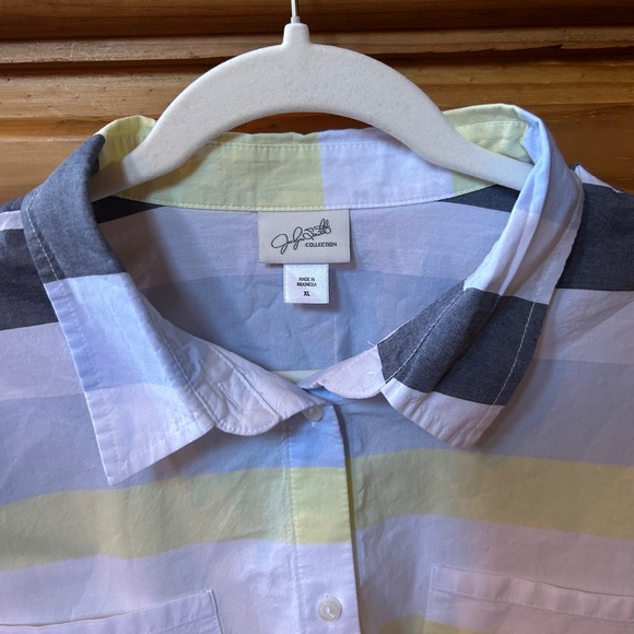 Jaclyn Smith Top Button Up Blue White Yellow Stripe 100% Cotton Women's Large - Picture 2 of 7